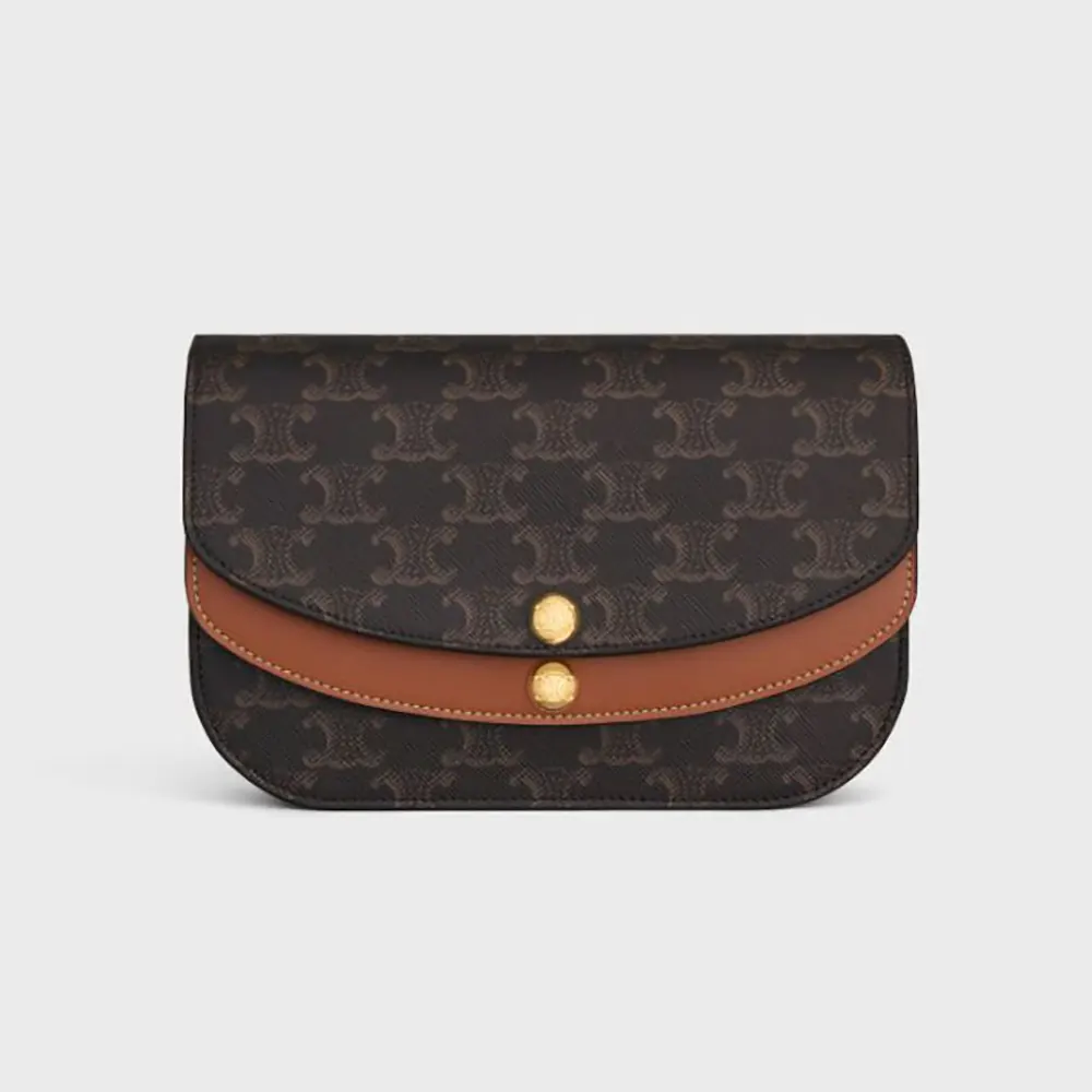 Front view of Celine Women Duo Wallet on Strap in brown Triomphe canvas