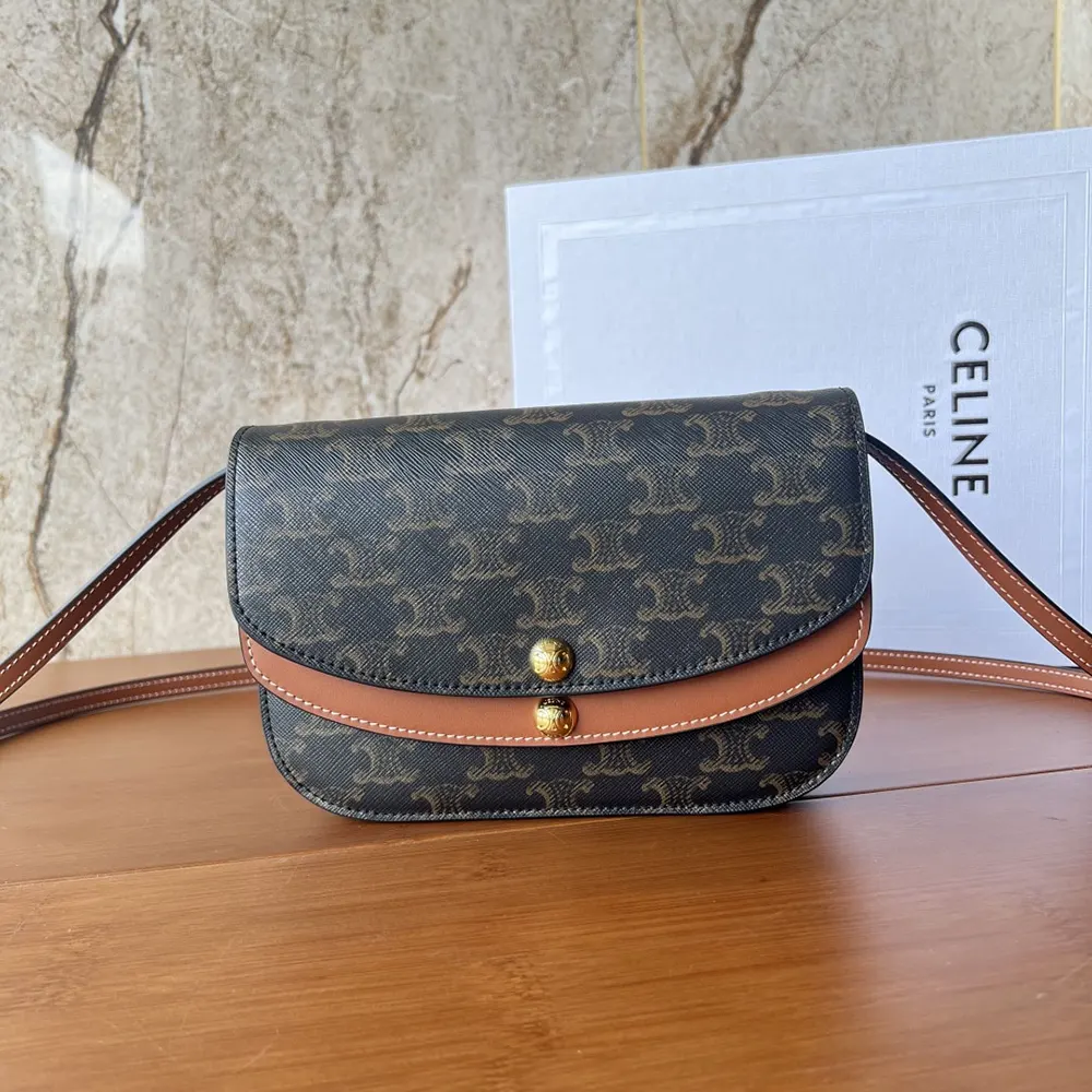 Close-up of gold-tone hardware and Triomphe canvas on Celine wallet