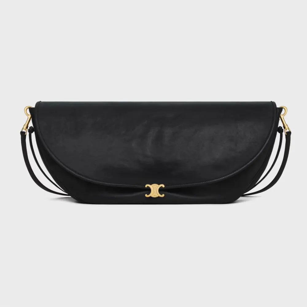 Front angle of Celine Women Halfmoon Soft Triomphe Bag in black lambskin