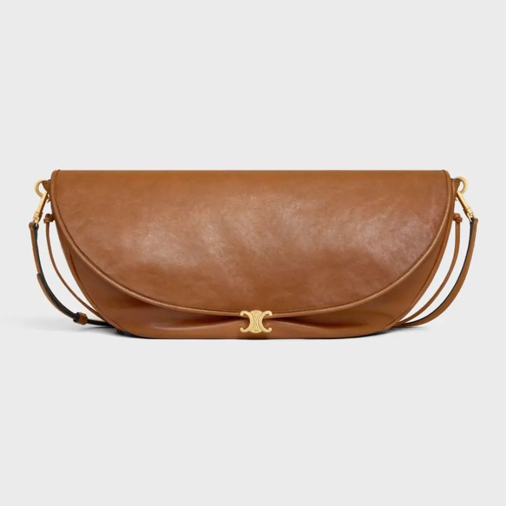 Front view of Celine Women Halfmoon Soft Triomphe Bag in brown lambskin