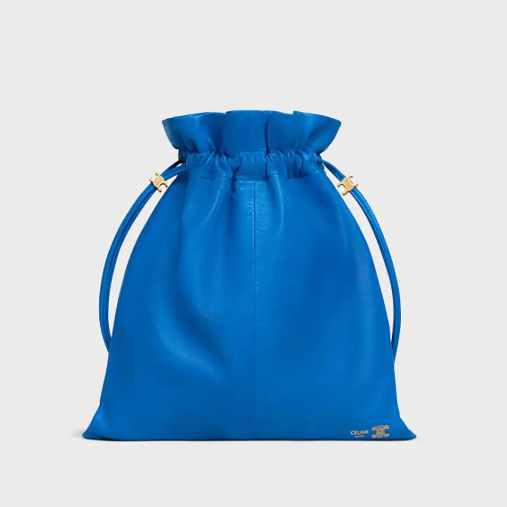 Front view of Celine Women Small Crystal Pouch in Lambskin-Blue