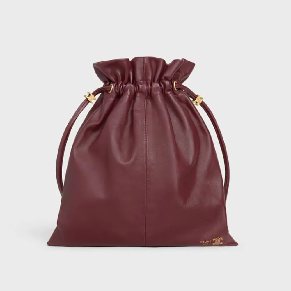 Front view of Celine Women Small Crystal Pouch in Lambskin-Maroon