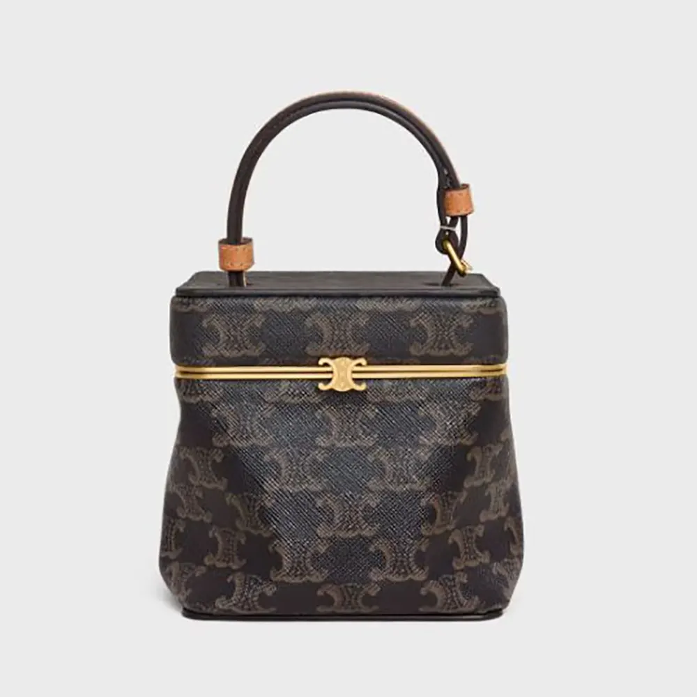 Front view of Celine Women Small Triomphe Frame in brown canvas