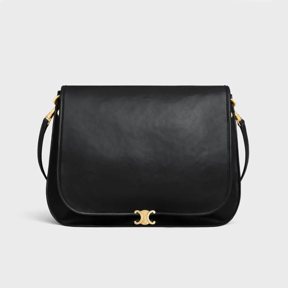 Front view of Celine Women Soft Triomphe Besace in black lambskin