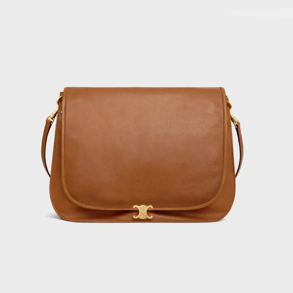 Front view of Celine Women Soft Triomphe Besace in brown lambskin