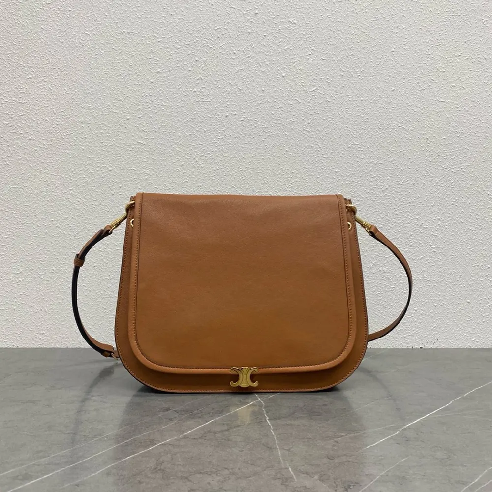 Close-up on gold Triomphe clasp of Celine Women Soft Triomphe Besace