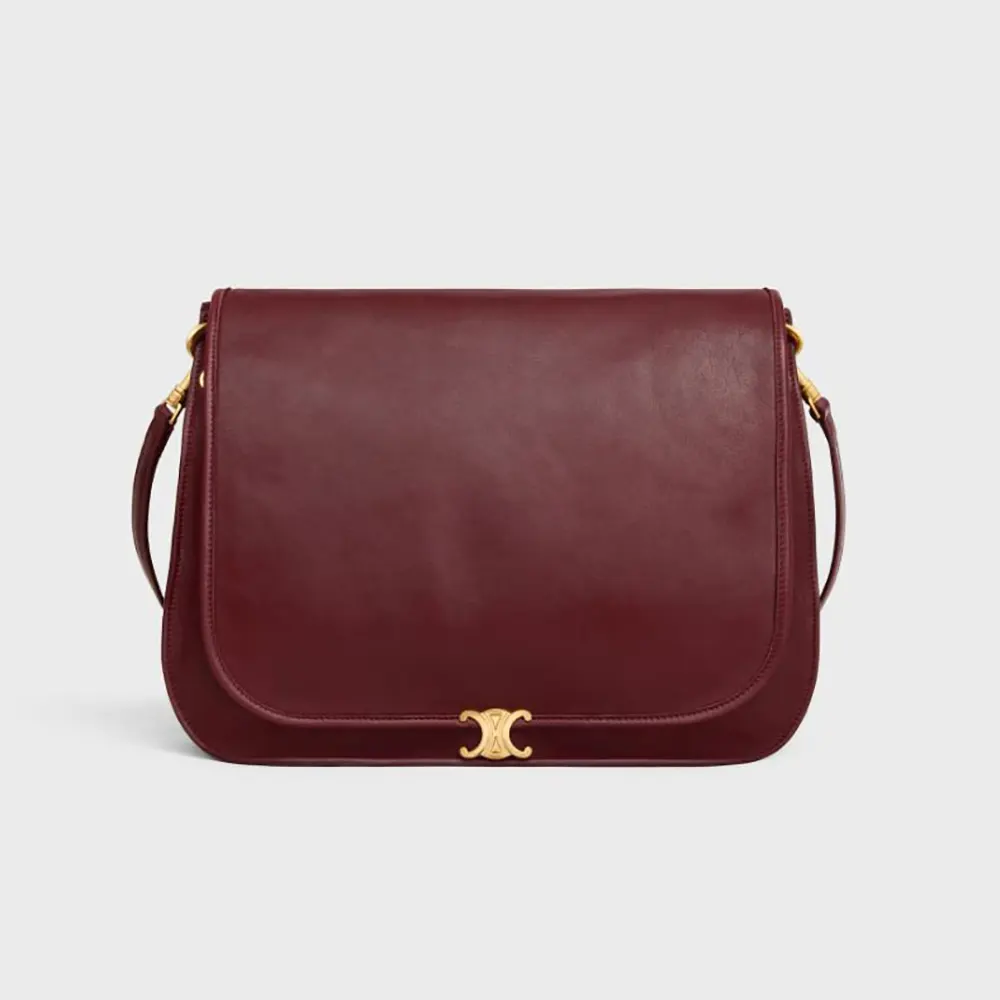 Front view of Celine Women Soft Triomphe Besace in maroon lambskin