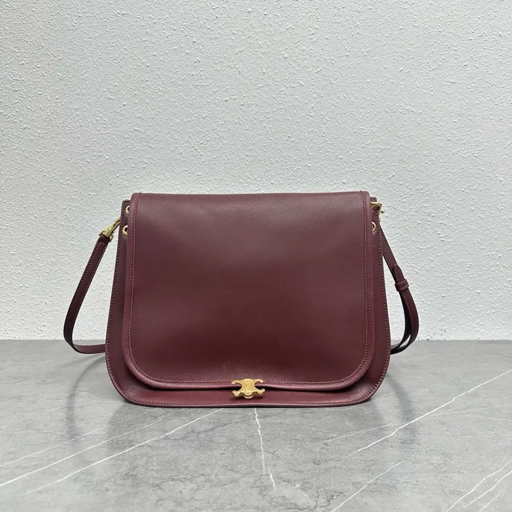 Close-up of gold Triomphe clasp on Celine Soft Triomphe Besace