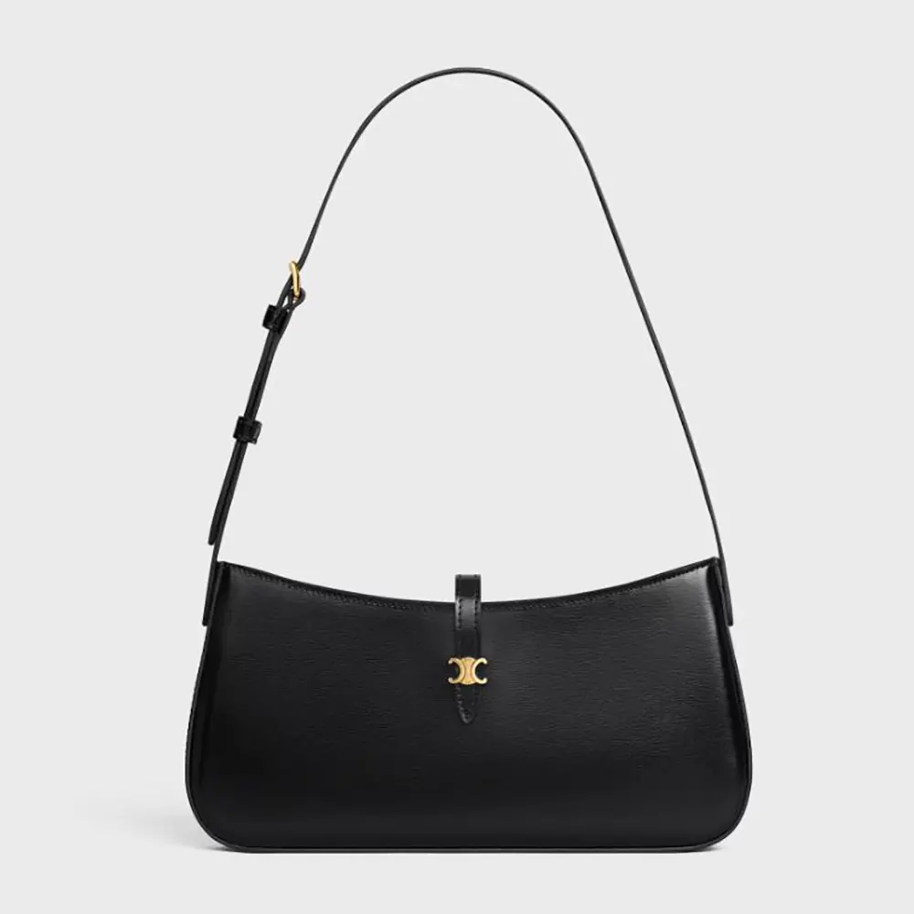 Front view of Celine Women Tina Shoulder Bag In Shiny Calfskin-Black