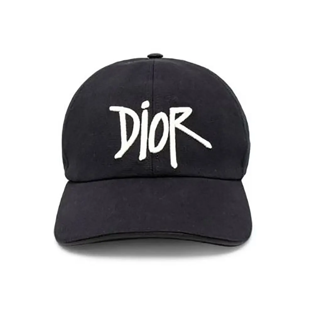 Front angle of Dior Unisex Stussy Embroidered Logo Hat Black Cotton Canvas