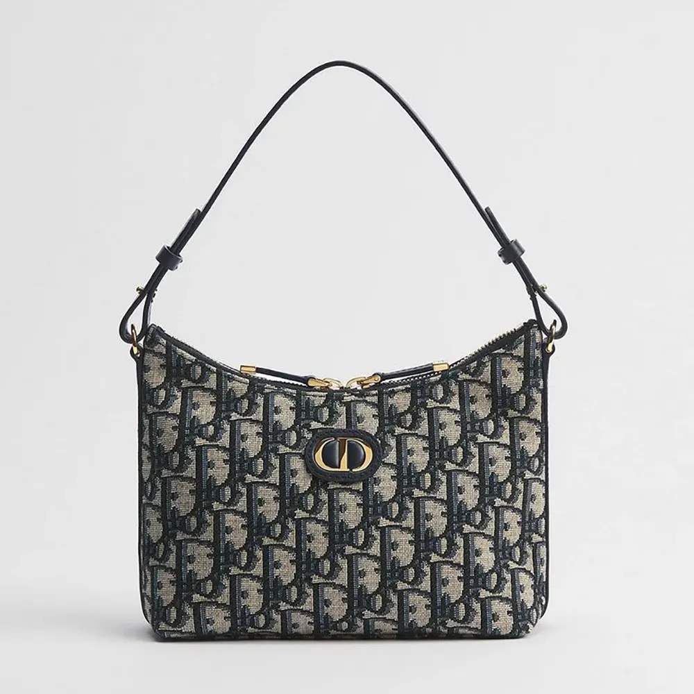 Front view of Dior Women 30 Montaigne Diorling Mini Bag with Chain Blue Dior Oblique Jacquard