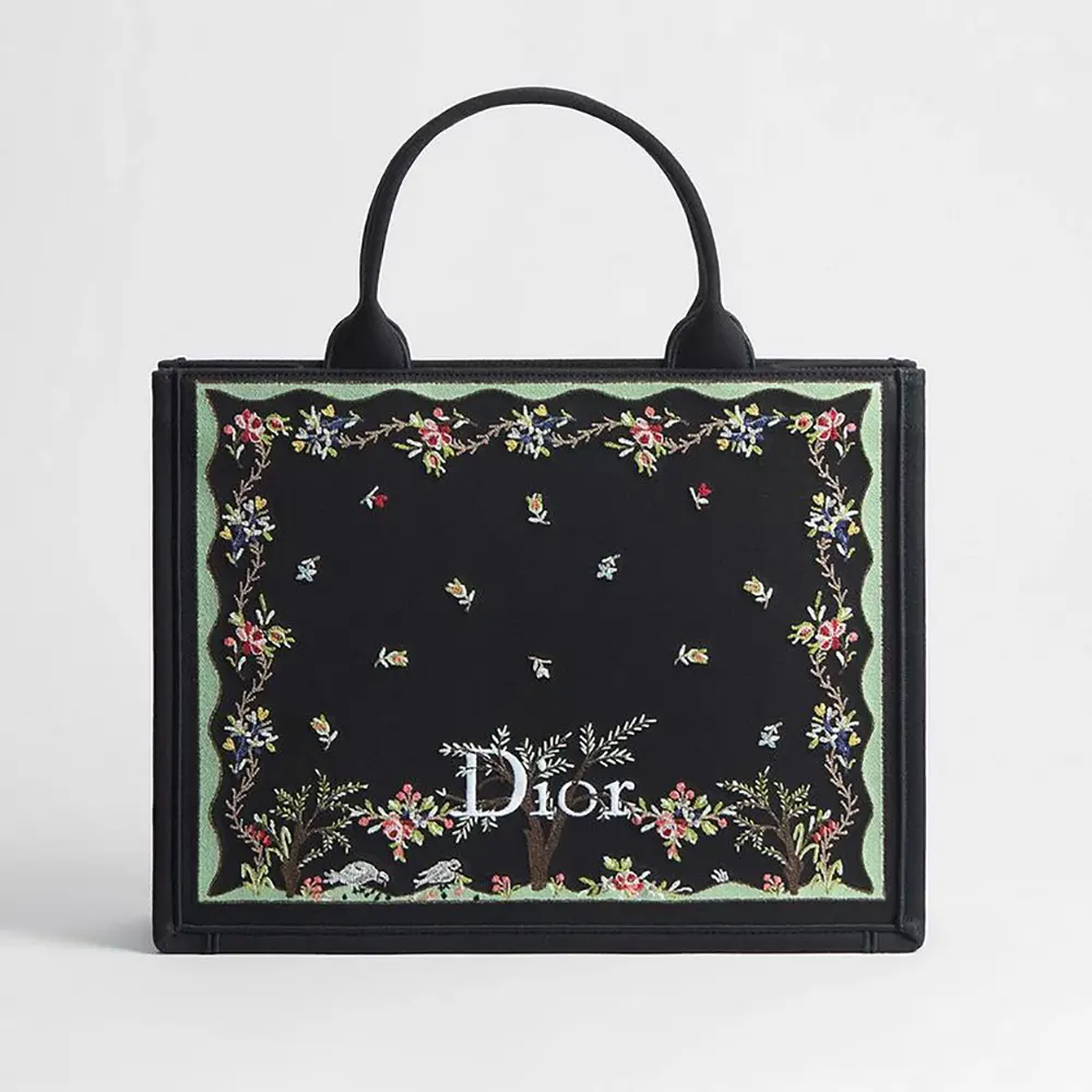 Front view of Dior Women Dioramour Medium Dior Book Tote with floral embroidery