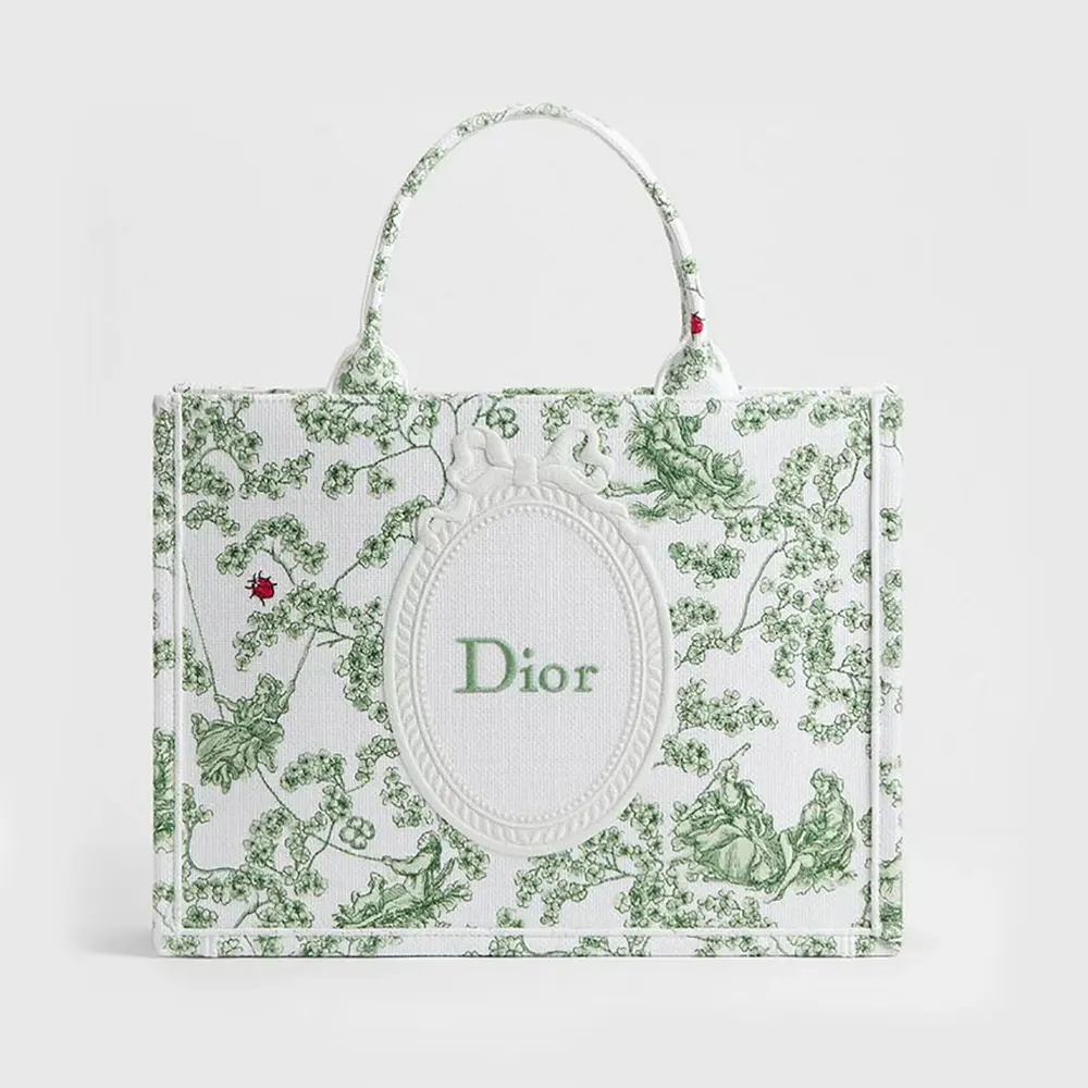 Front view of Dior Women Medium Dior Book Tote with green clover embroidery