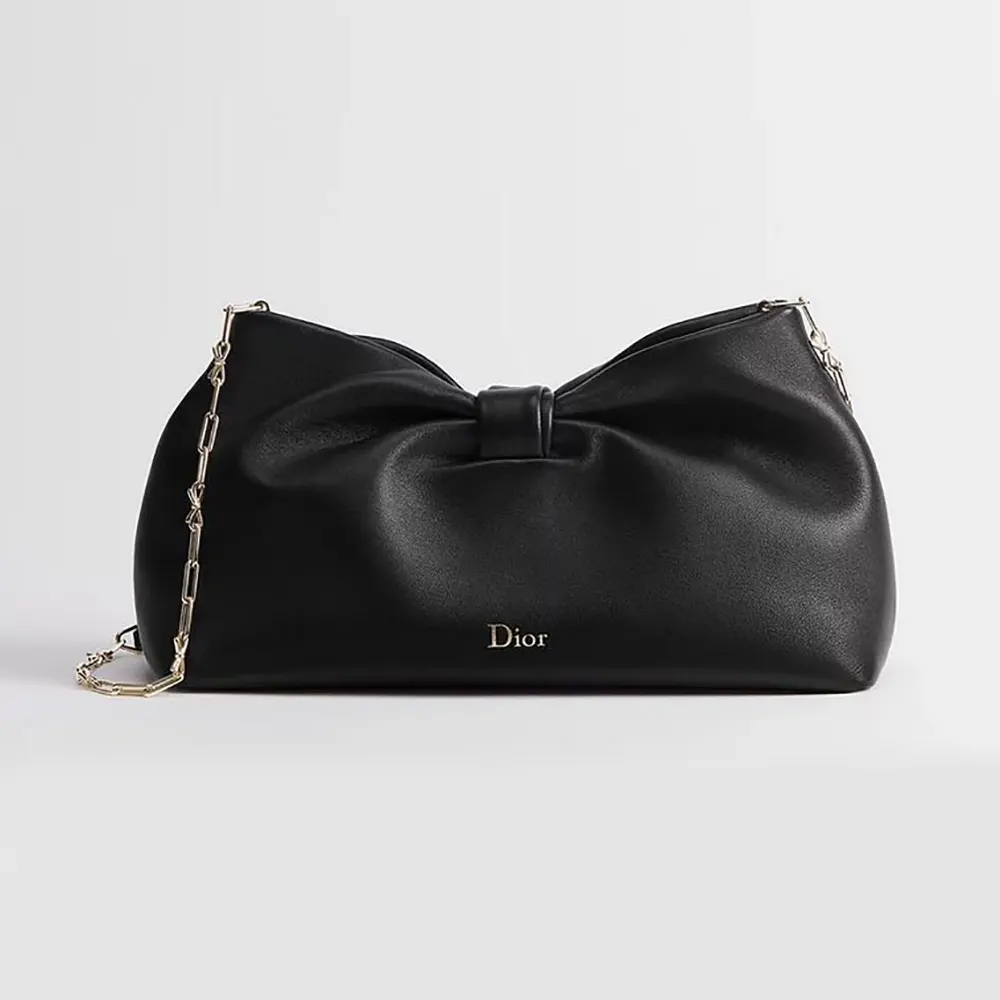 Front view of Dior Women Medium Dior Bow Bag Black Lambskin with silver bow detail