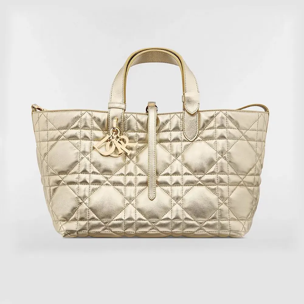 Front view of Dior Women Medium Dior Toujours Bag metallic gold calfskin