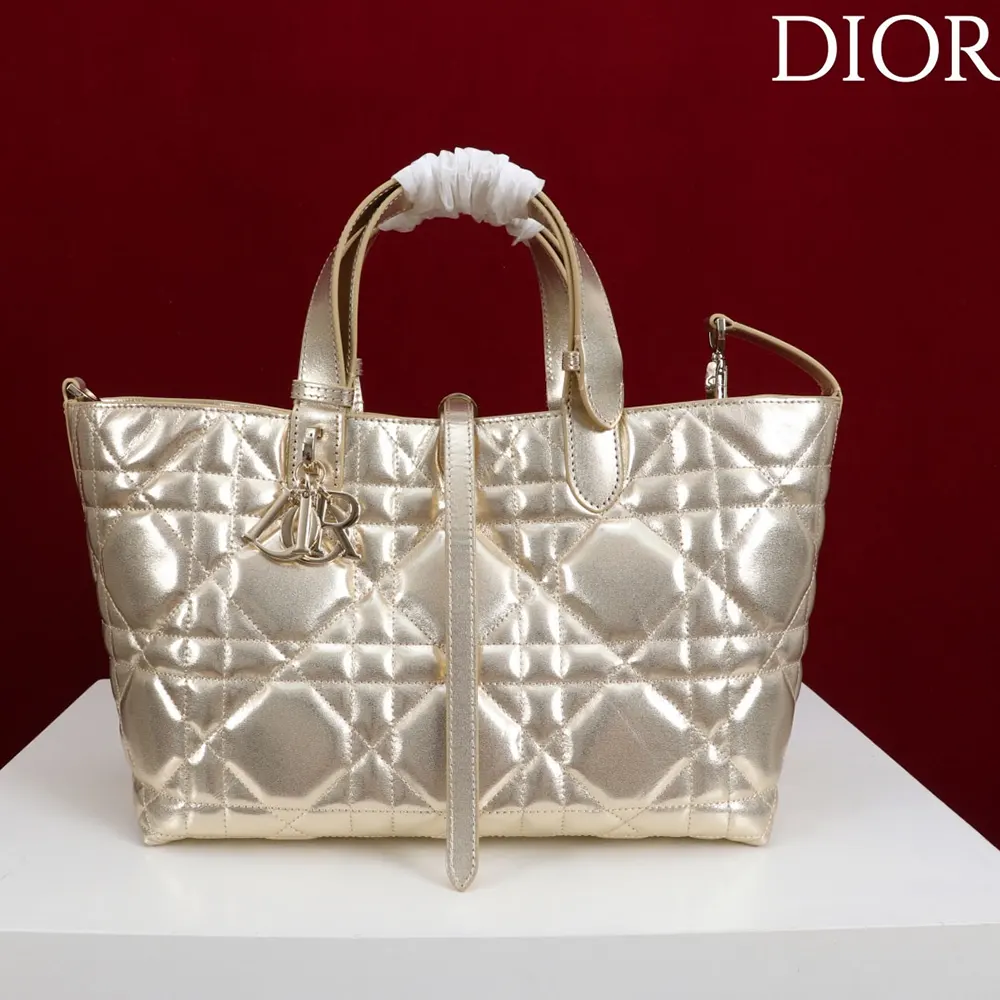 Side angle showing shoulder strap on Dior Women Medium Dior Toujours Bag