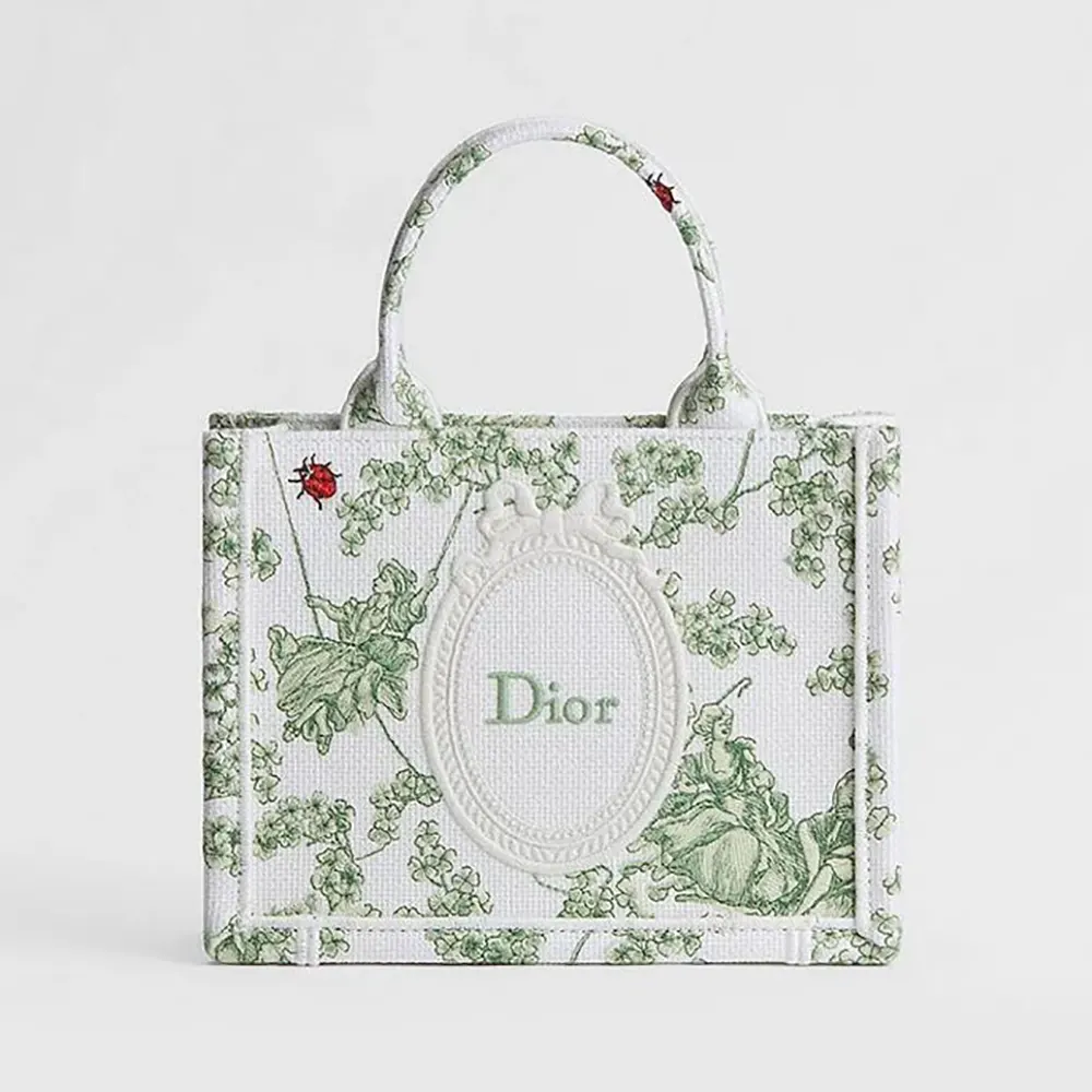 Front view of Dior Women Mini Dior Book Tote Green and White Toile de Jouy Clover