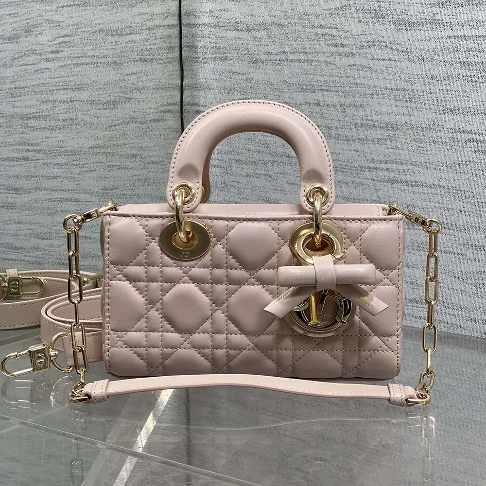 Side profile showing compact shape of Dior Women Mini Lady D-Joy Bag Pink