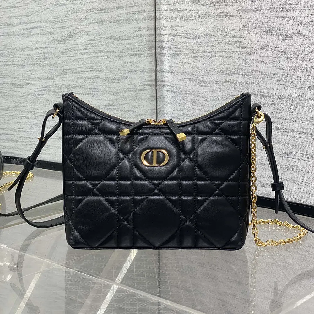 Close-up of Dior Women Miss Caro Diorling Mini Bag black macrocannage lambskin quilting