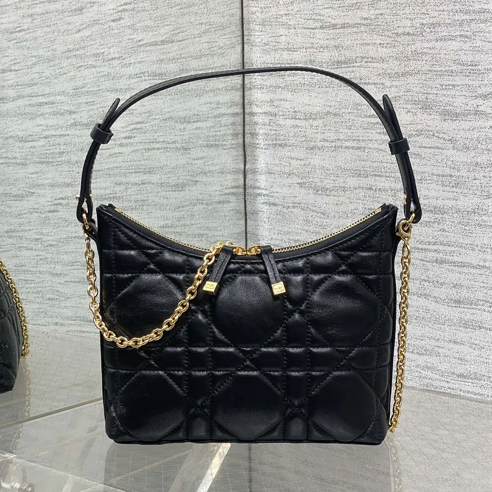 Side angle showing silver-tone chain and flap closure on Dior Women Miss Caro Diorling Mini Bag