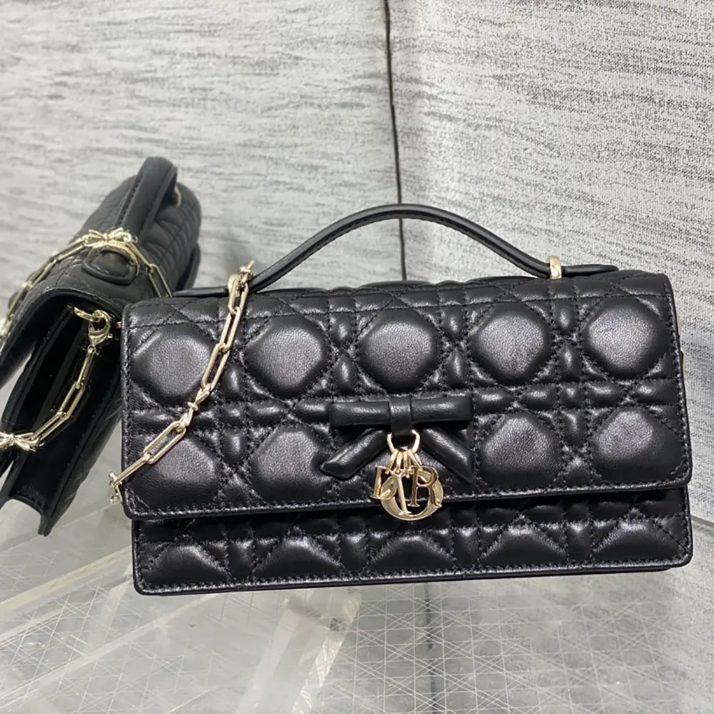 Side angle showing silver hardware on Dior Women My Dior Mini Bag
