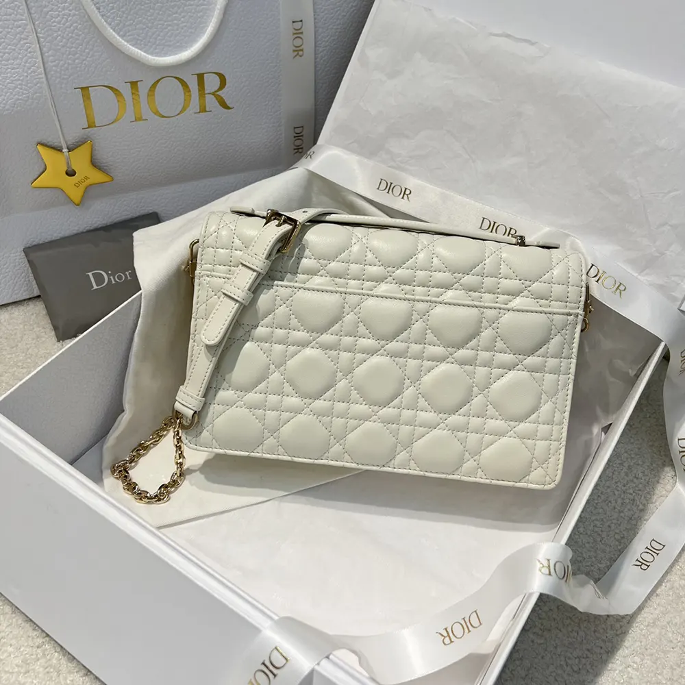 Side angle showing top handle and polished hardware on Dior Latte bag