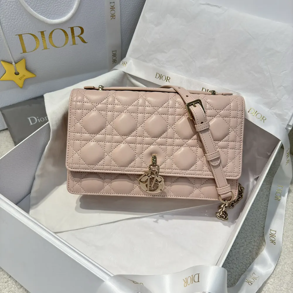 Close-up of silver-tone hardware on My Dior Top Handle Bag Pink Lambskin