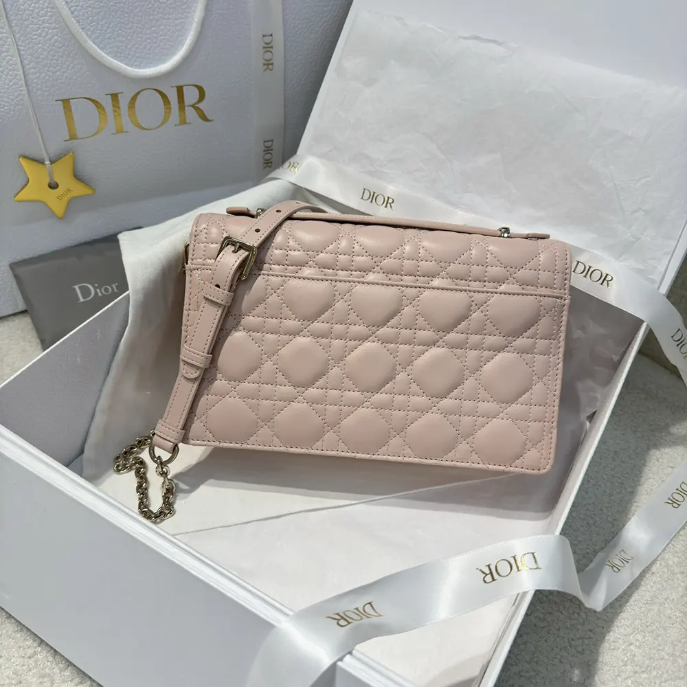 Side angle showing flap closure on Dior Women My Dior Top Handle Bag