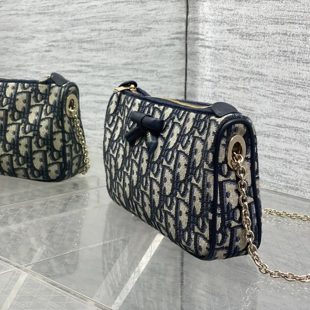 Dior Women Oblique Bow Pouch with Chain Blue Dior Oblique Jacquard - image 5