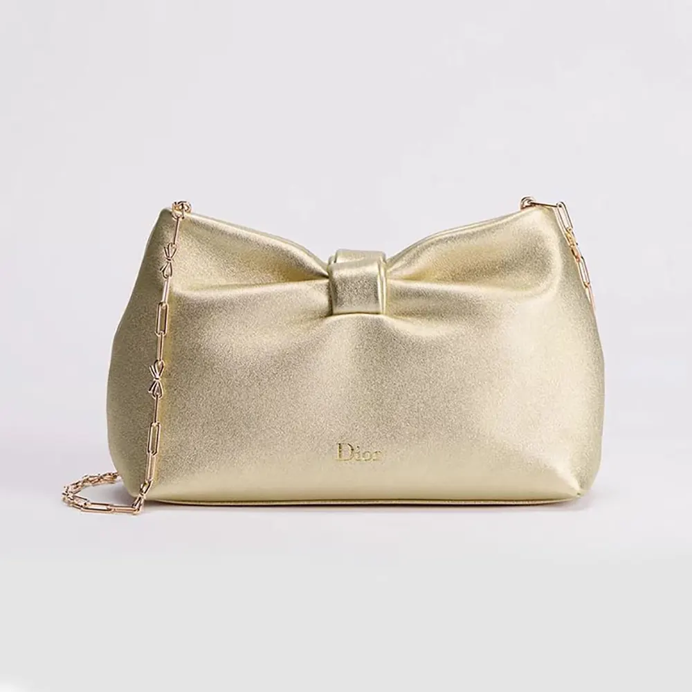Front view of Dior Women Or Small Dior Bow Bag Mekong in gold lambskin