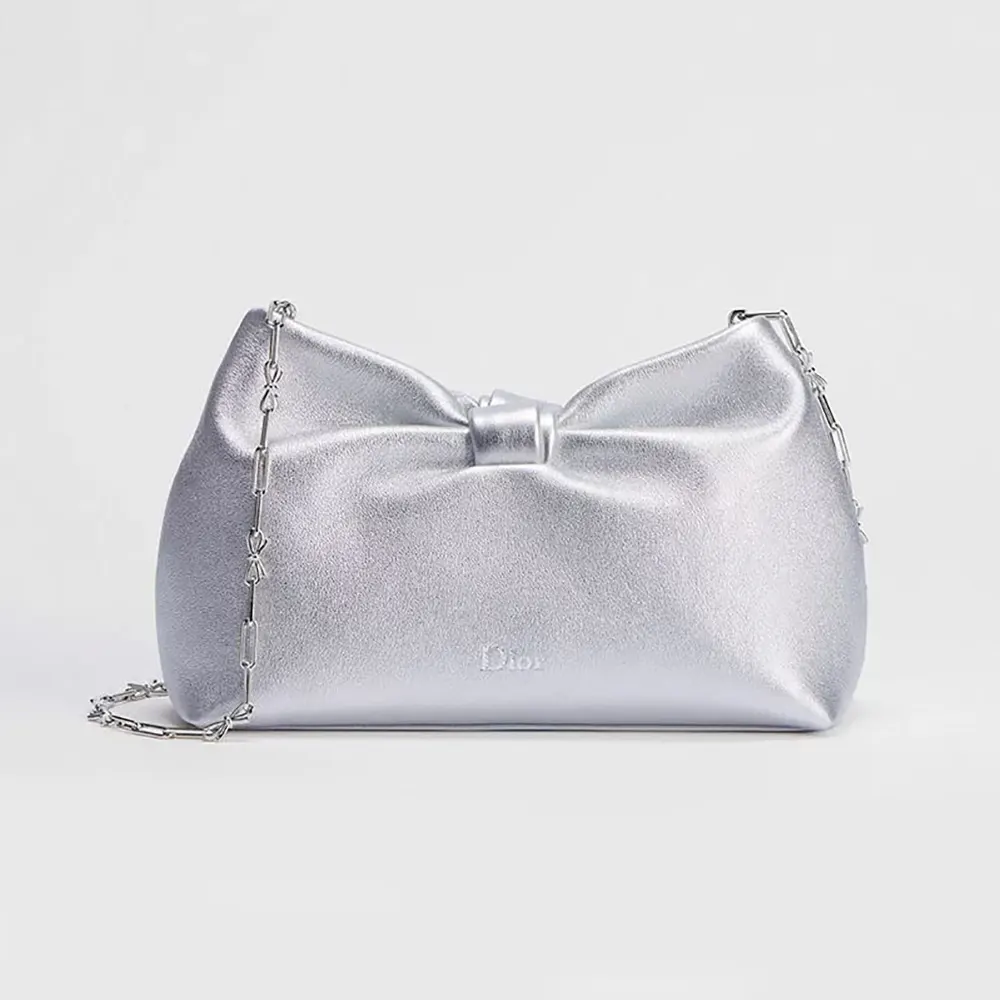 Front view of Dior Women Or Small Dior Bow Bag in silver lambskin