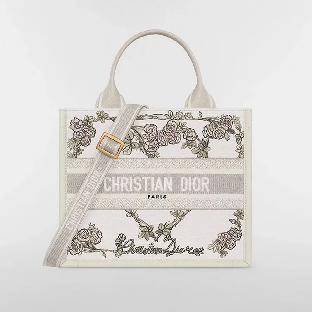 Front view of Dior Women Small Dior Book Tote embroidery and leather