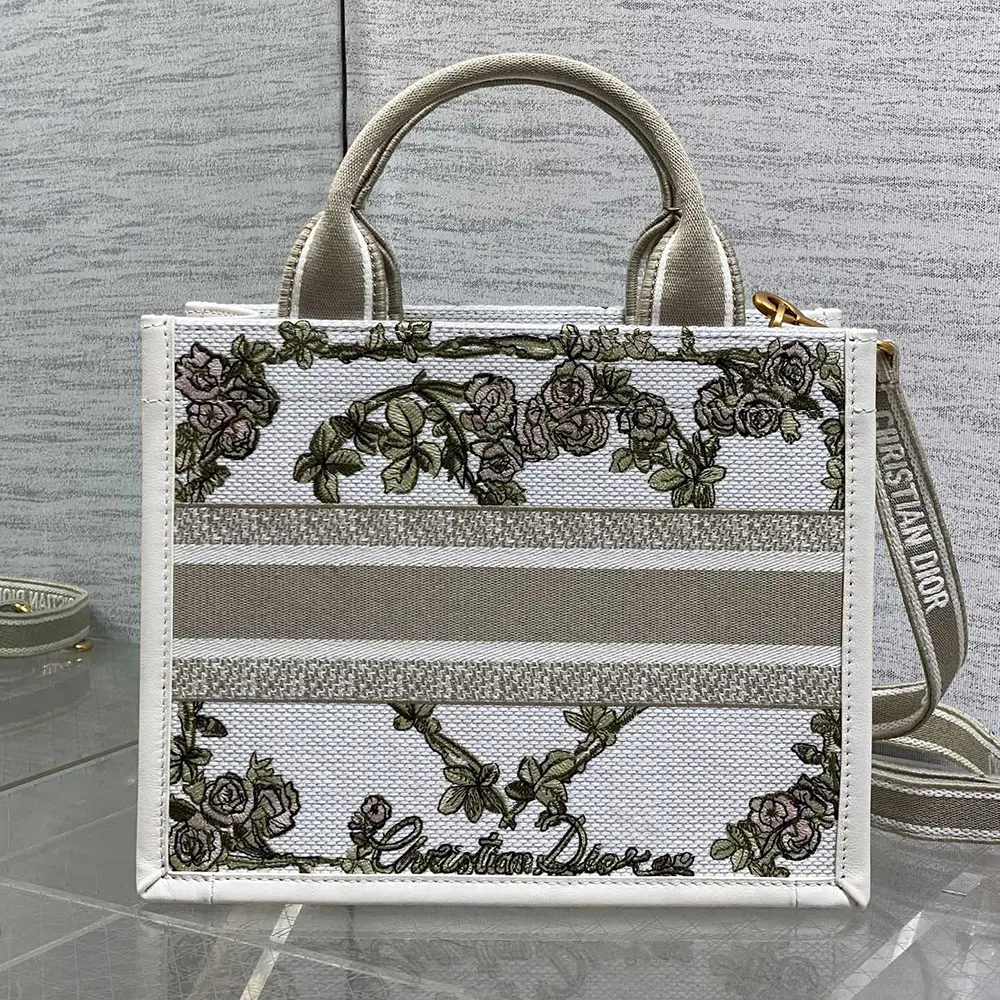Side angle showing tote silhouette and silver Dior hardware