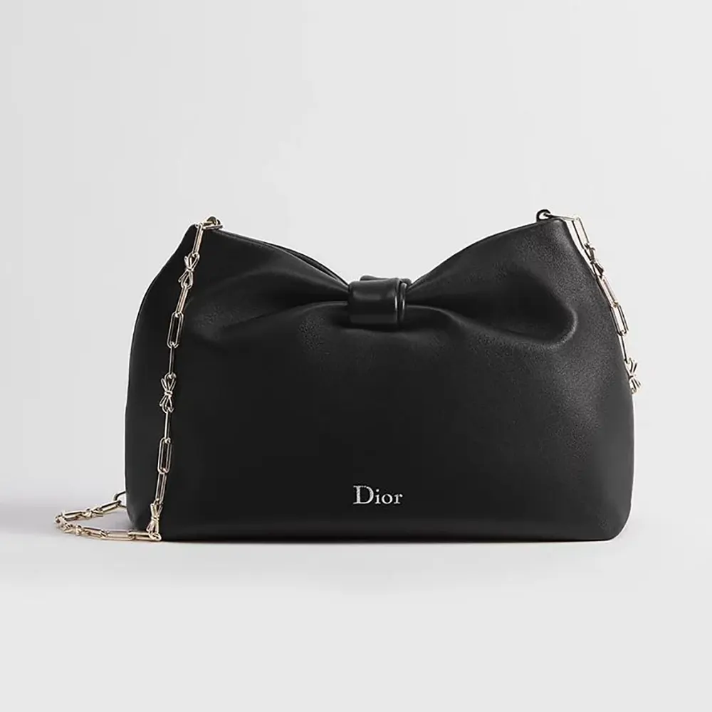 Front view of Dior Women Small Dior Bow Bag Black Lambskin showing bow detail