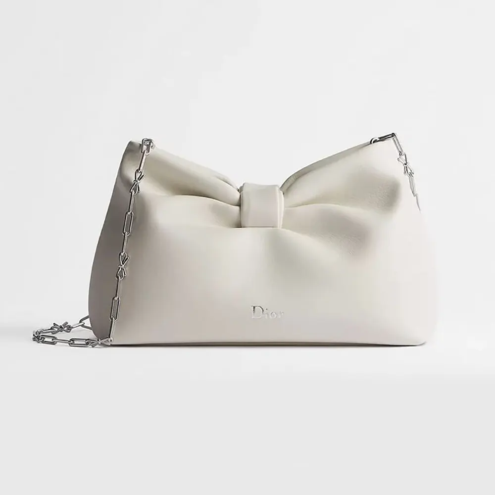 Front view of Dior Women Small Dior Bow Bag Latte Lambskin showing bow detail
