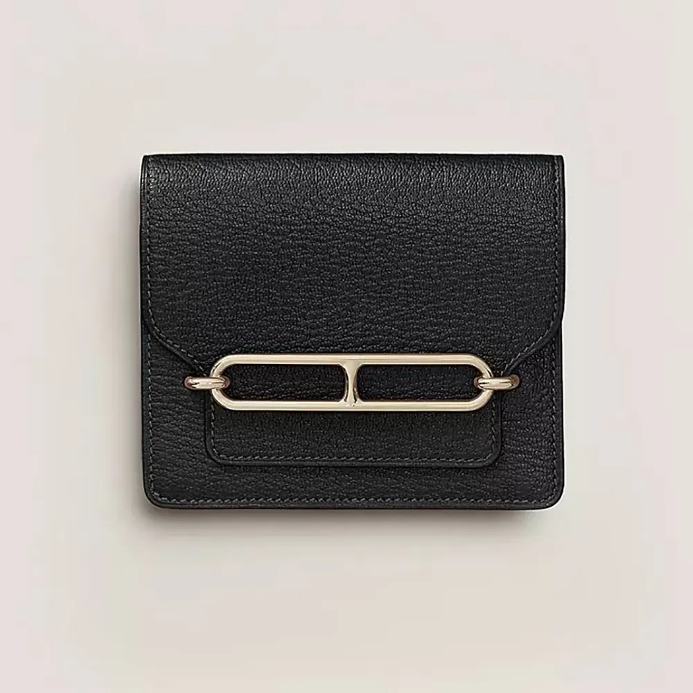 Front view of Hermes Women Roulis Slim Wallet-Black with gold clasp