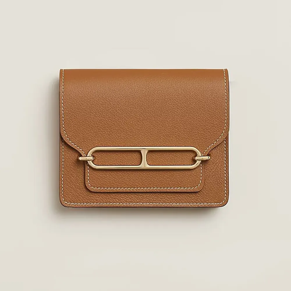 Front view of Hermes Women Roulis Slim Wallet-Brown showcasing H clasp