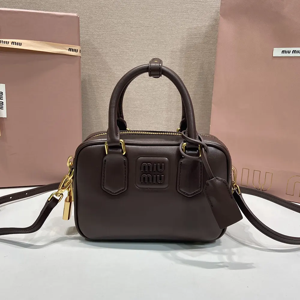 Close-up detail of smooth Bordeaux leather and flap closure on Miu Miu Arcadie bag