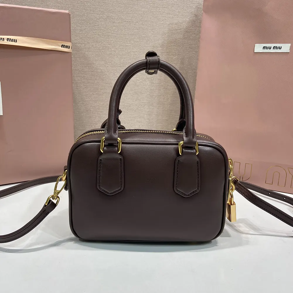 Side angle showing compact arc silhouette and adjustable strap of Miu Miu Arcadie bag