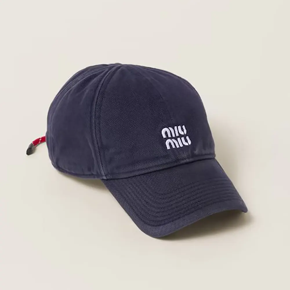 Front view of Miu Miu Women Denim Baseball Cap-Blue/Red with logo