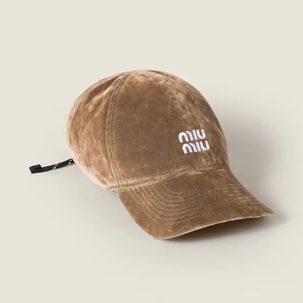 Front view of Miu Miu Women Velvet Baseball Cap-Sand/Black