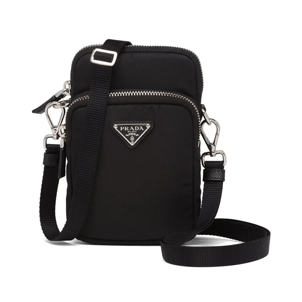 Front view of Prada Men Nylon Logo Smartphone Case-Black with visible zip