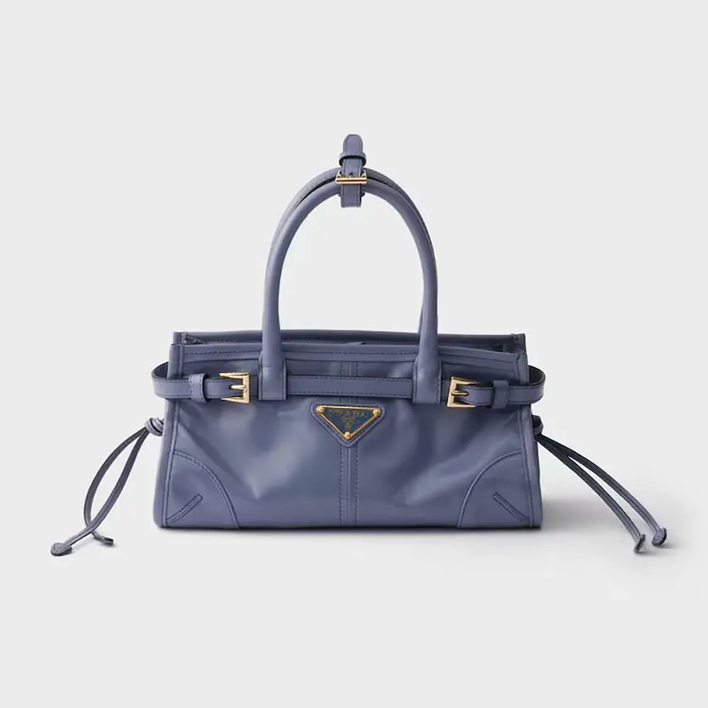Front view of Prada Women Bonnie Leather Mini Handbag-Light Blue with logo detail