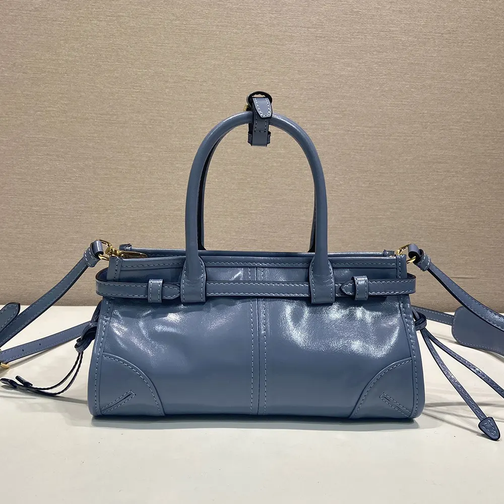 Close-up of silver-tone hardware on Prada Women Bonnie Leather Mini Handbag-Light Blue