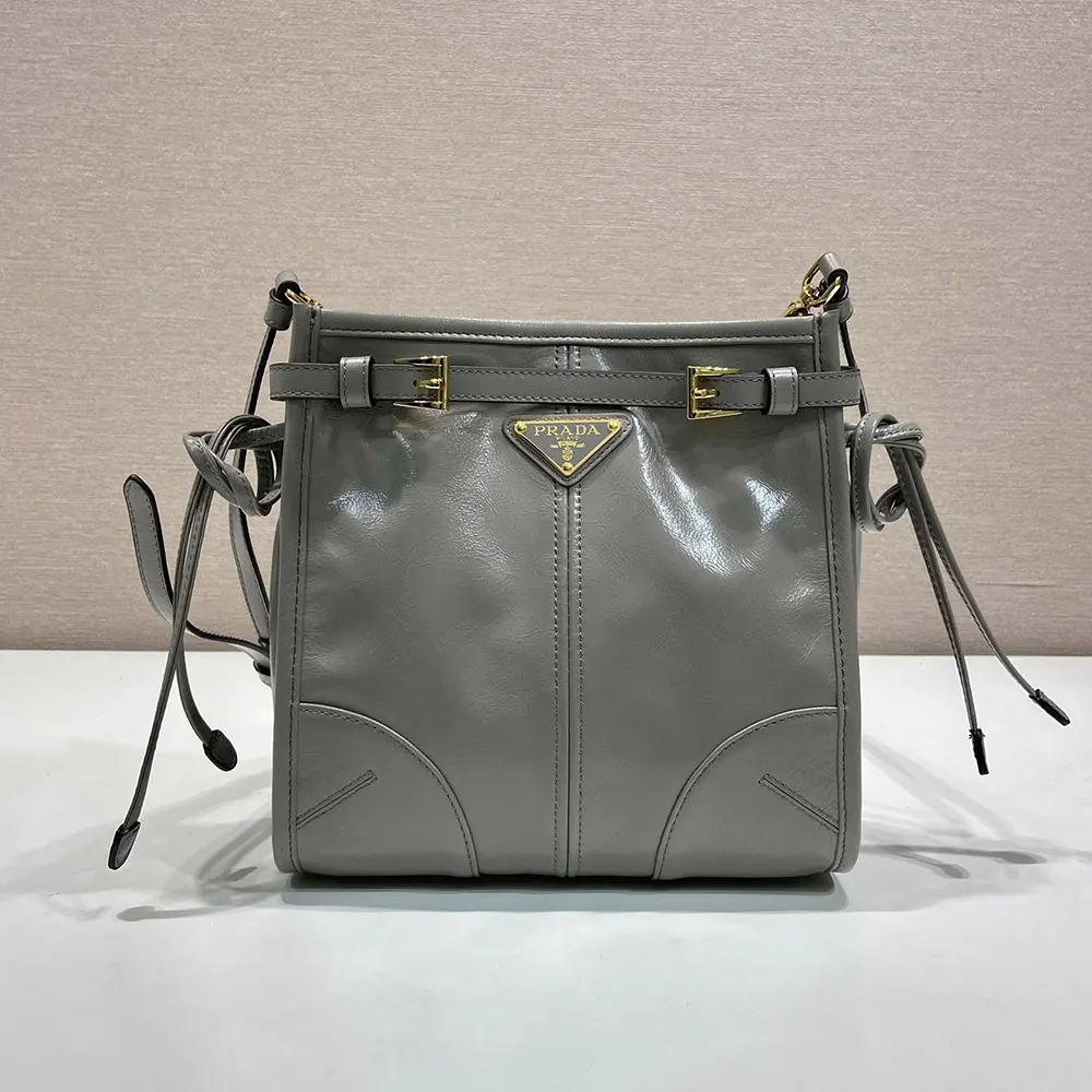 Close-up of Prada logo and silver hardware on leather bag