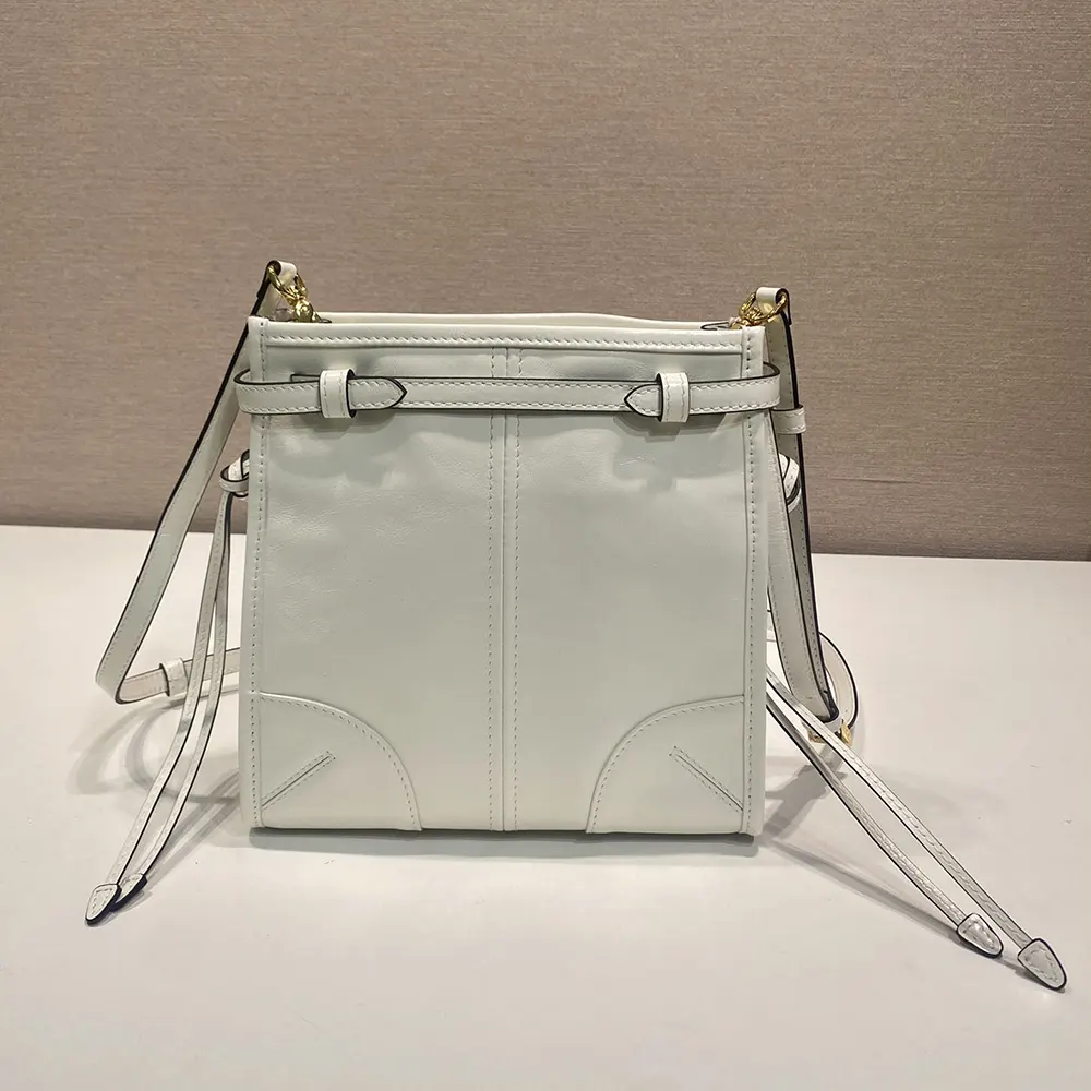 Side view highlighting slim silhouette of Prada Women Bonnie Leather Mini Shoulder Bag-White