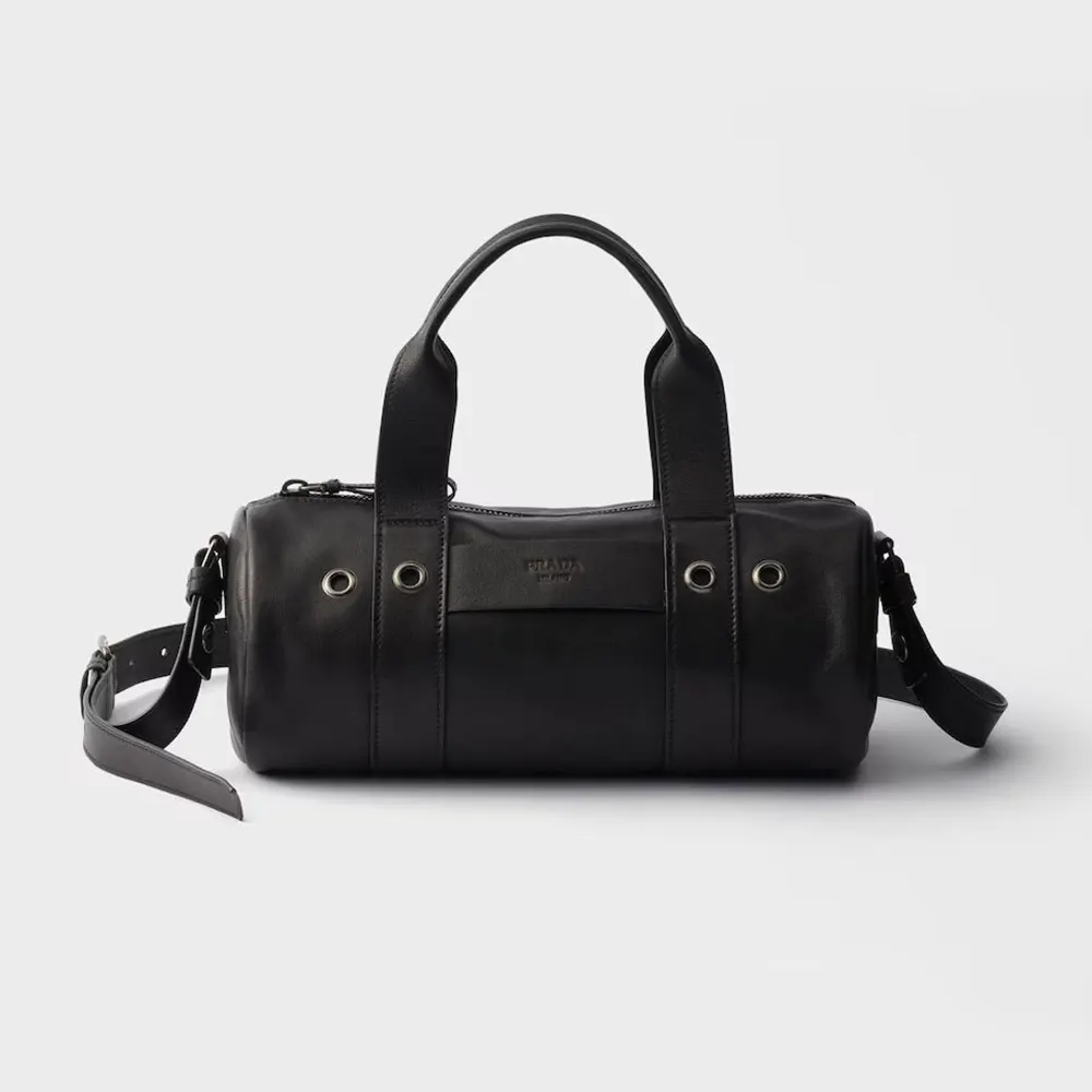 Front view of Prada Women Route Large Leather Top-Handle Bag-Black