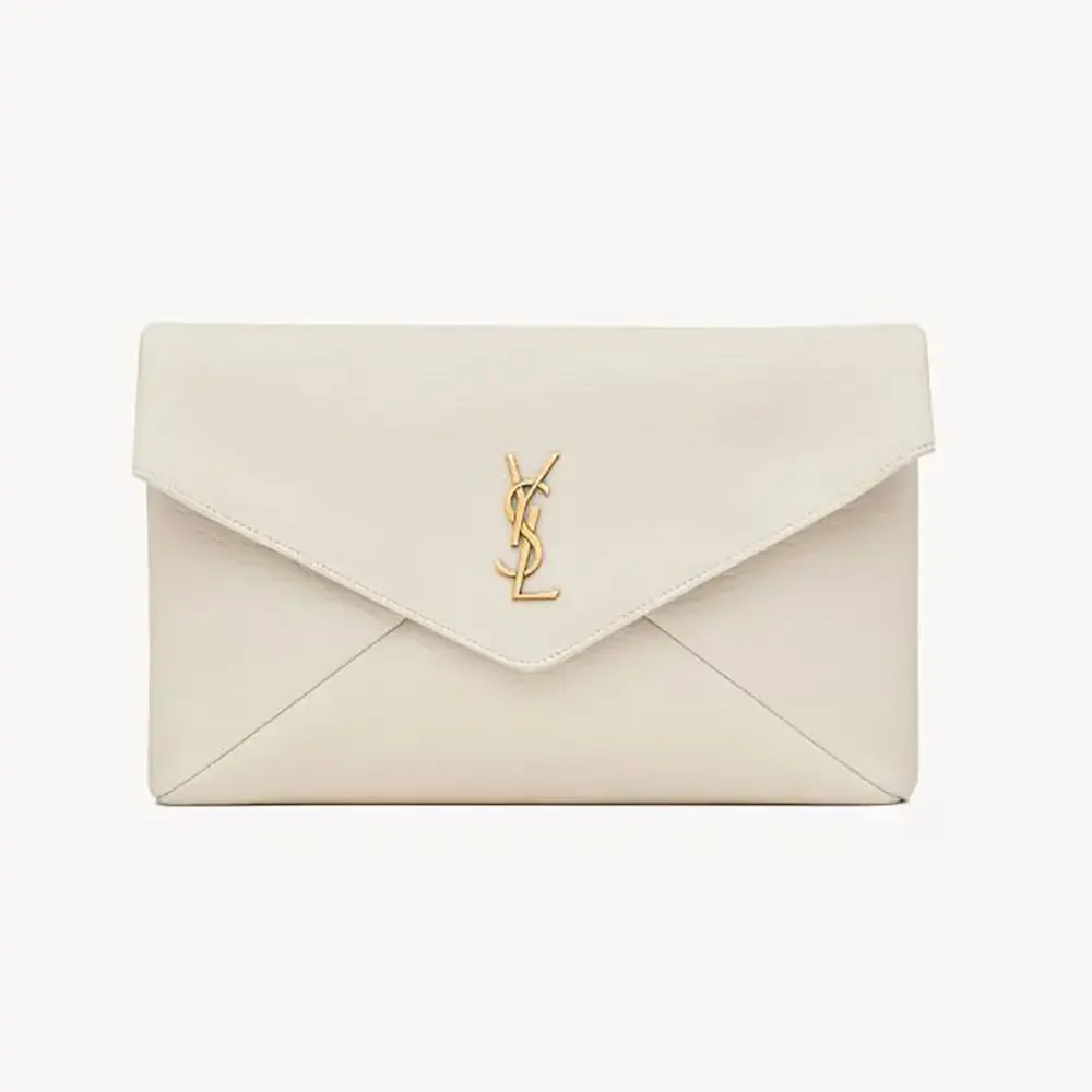 Front view of Saint Laurent YSL Women Cassandre Large Envelope Pouch White lambskin