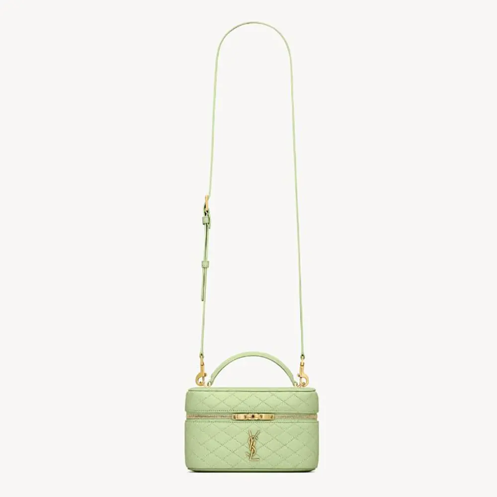 Front angle of Saint Laurent YSL Women Gaby Vanity Bag In Lambskin-Aqua showing flap closure