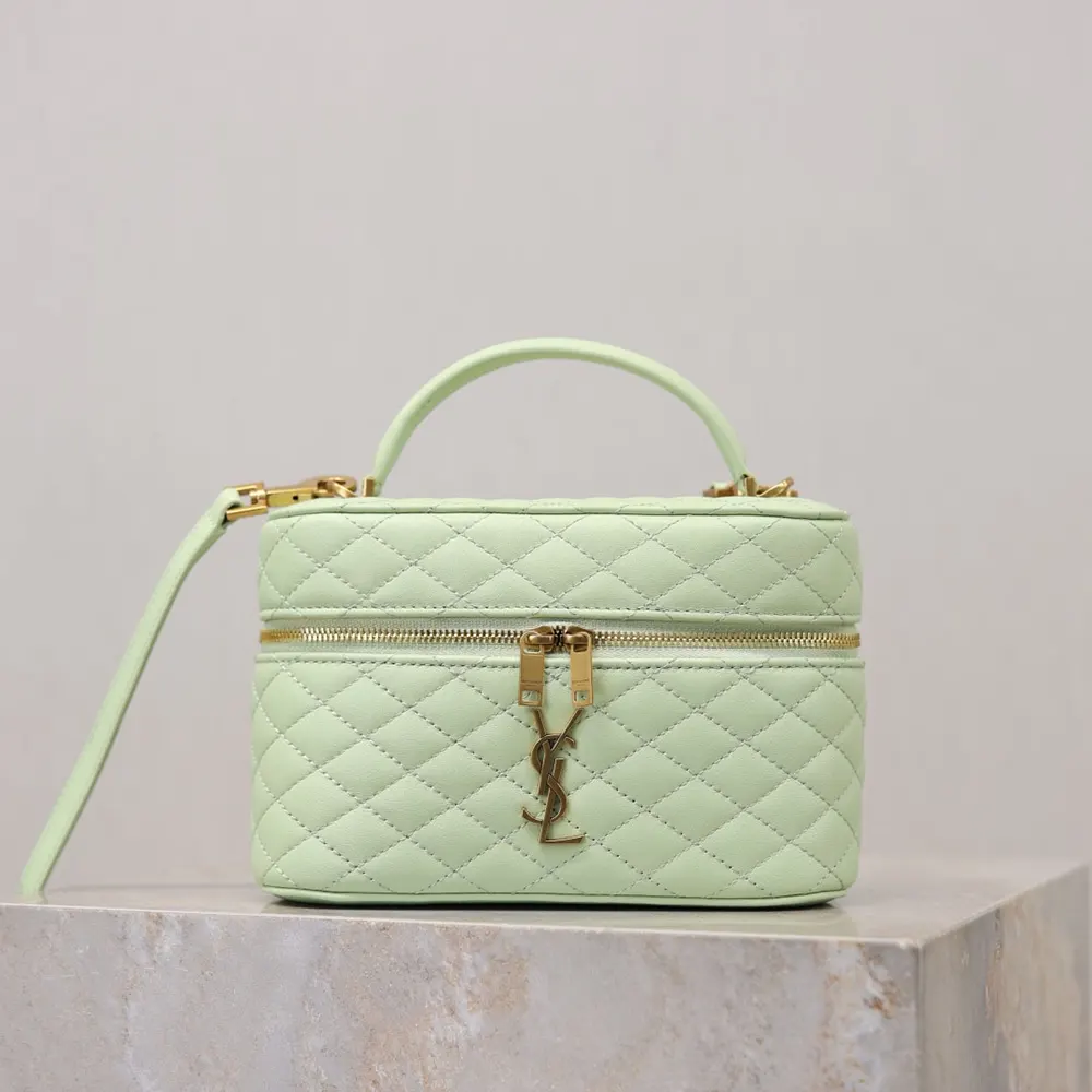 Close-up of gold-tone YSL hardware on Saint Laurent YSL Women Gaby Vanity Bag